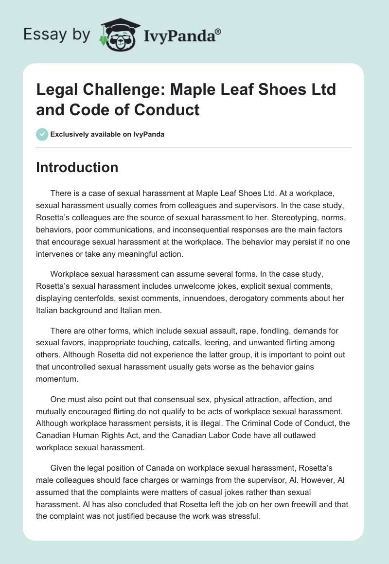 Legal Challenge: Maple Leaf Shoes Ltd and Code of Conduct. Page 1