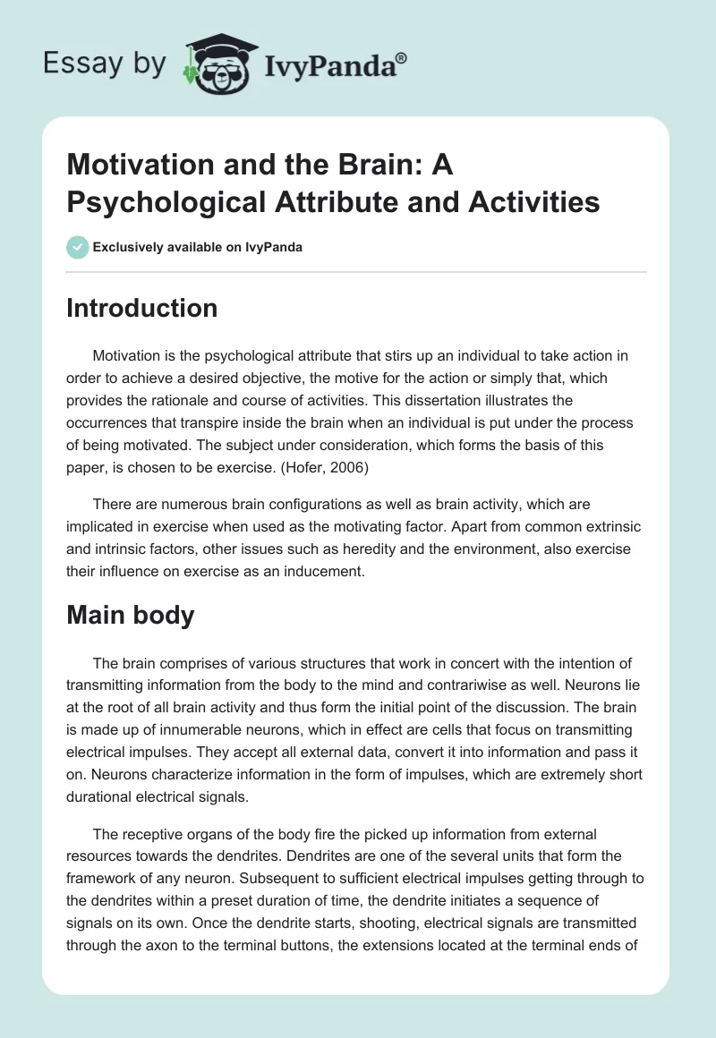 Motivation and the Brain: A Psychological Attribute and Activities. Page 1