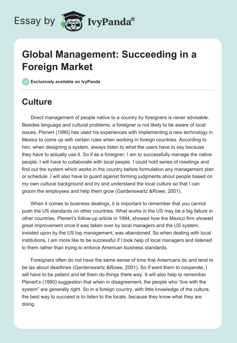 Global Management: Succeeding in a Foreign Market. Page 1