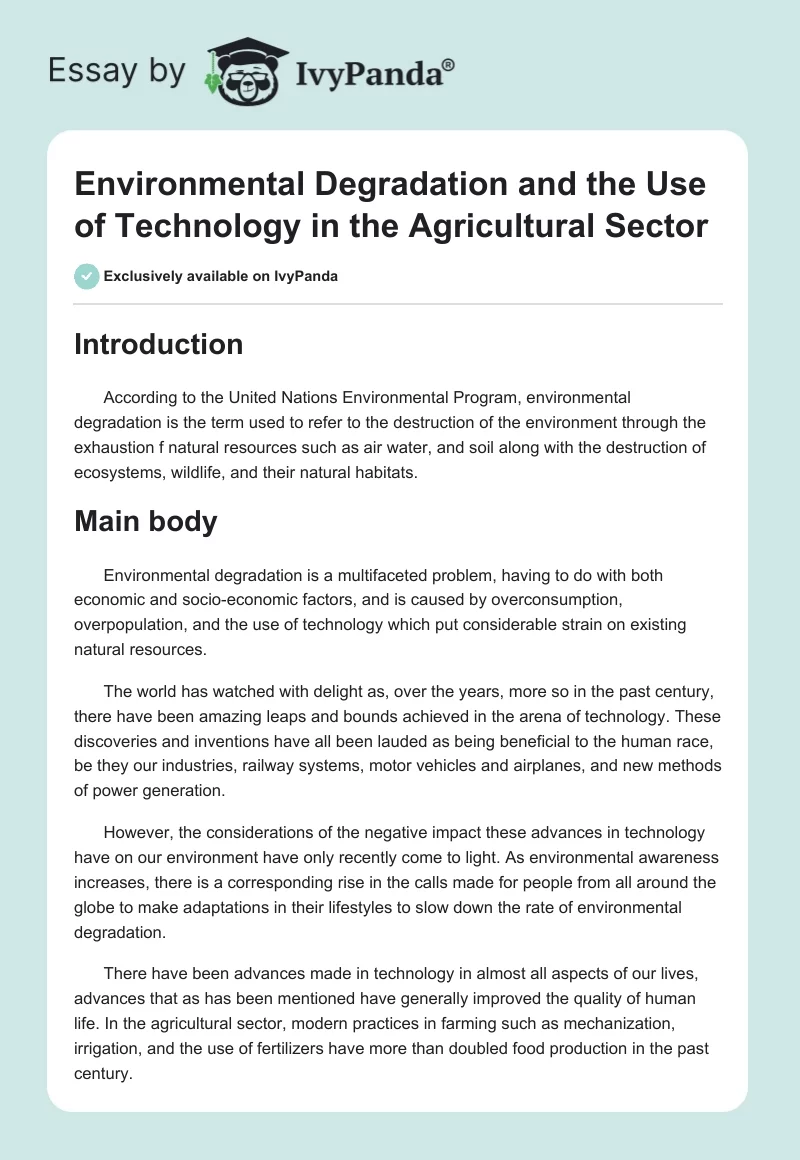 Environmental Degradation and the Use of Technology in the Agricultural Sector. Page 1