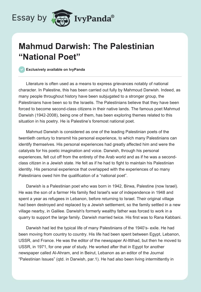 Mahmud Darwish: The Palestinian “National Poet” . Page 1