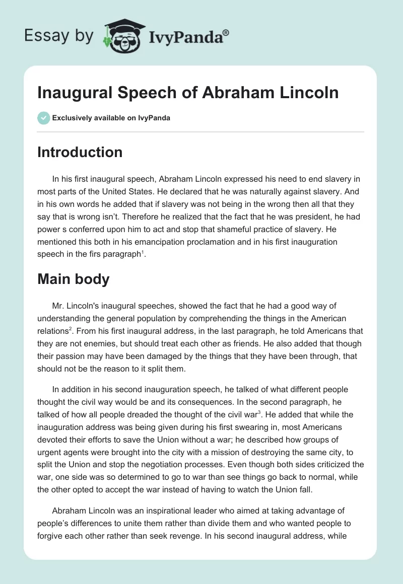 Inaugural Speech of Abraham Lincoln. Page 1