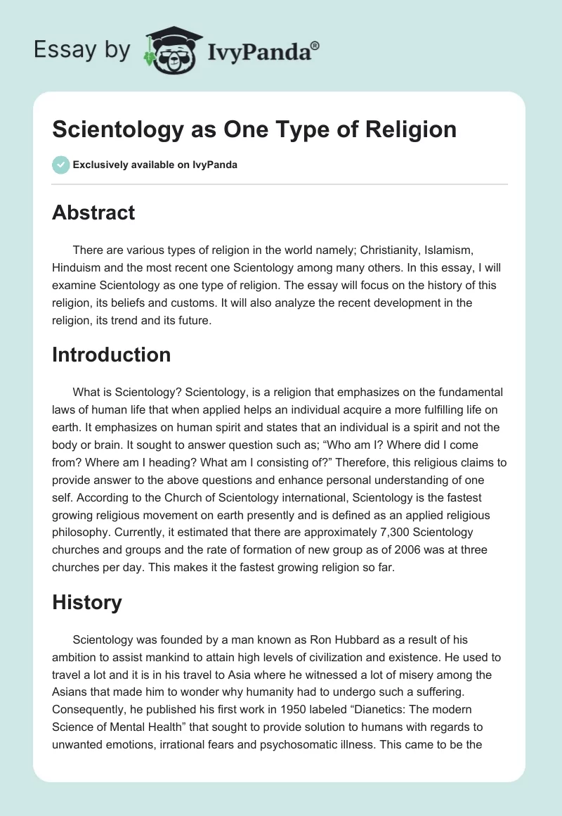 Scientology as One Type of Religion. Page 1
