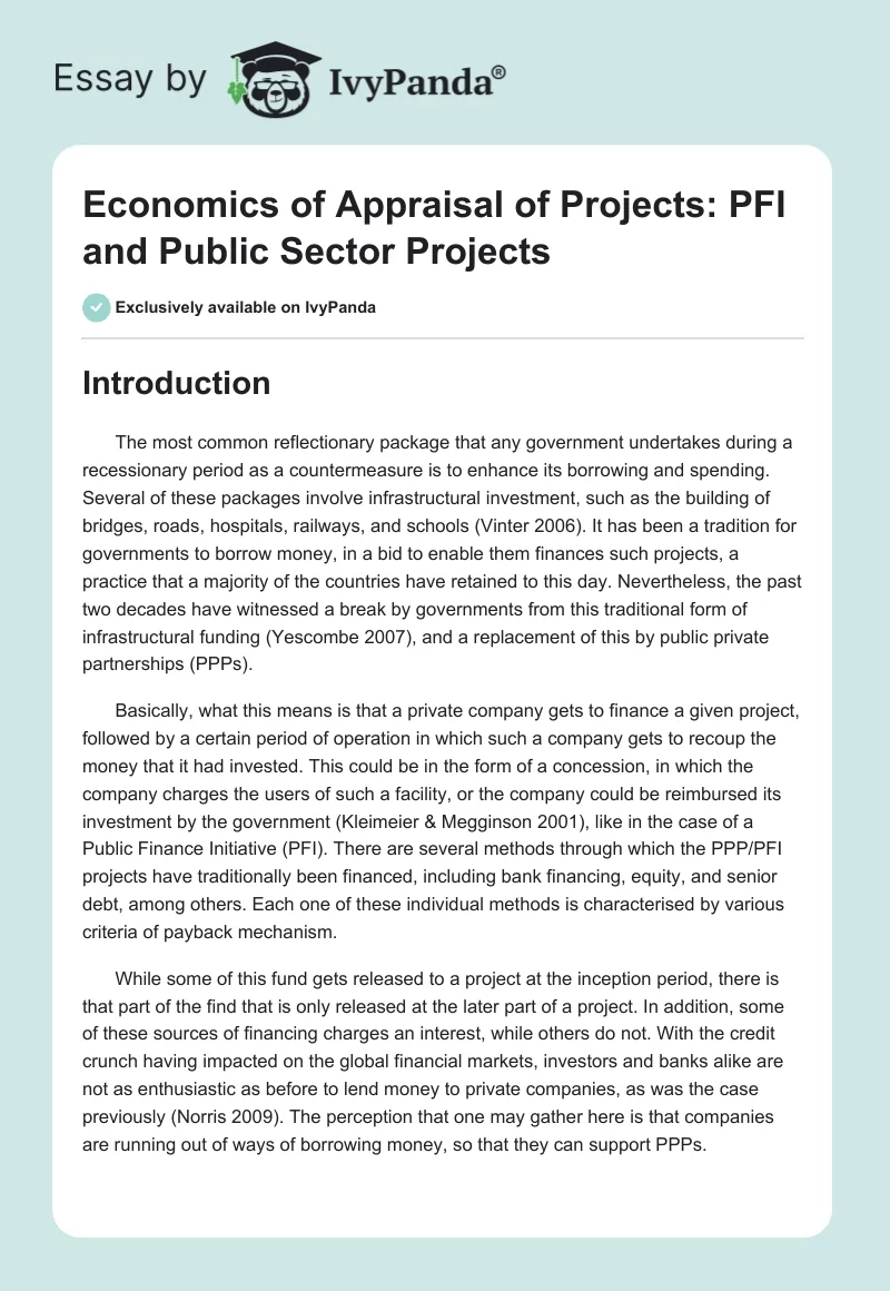 Economics of Appraisal of Projects: PFI and Public Sector Projects. Page 1