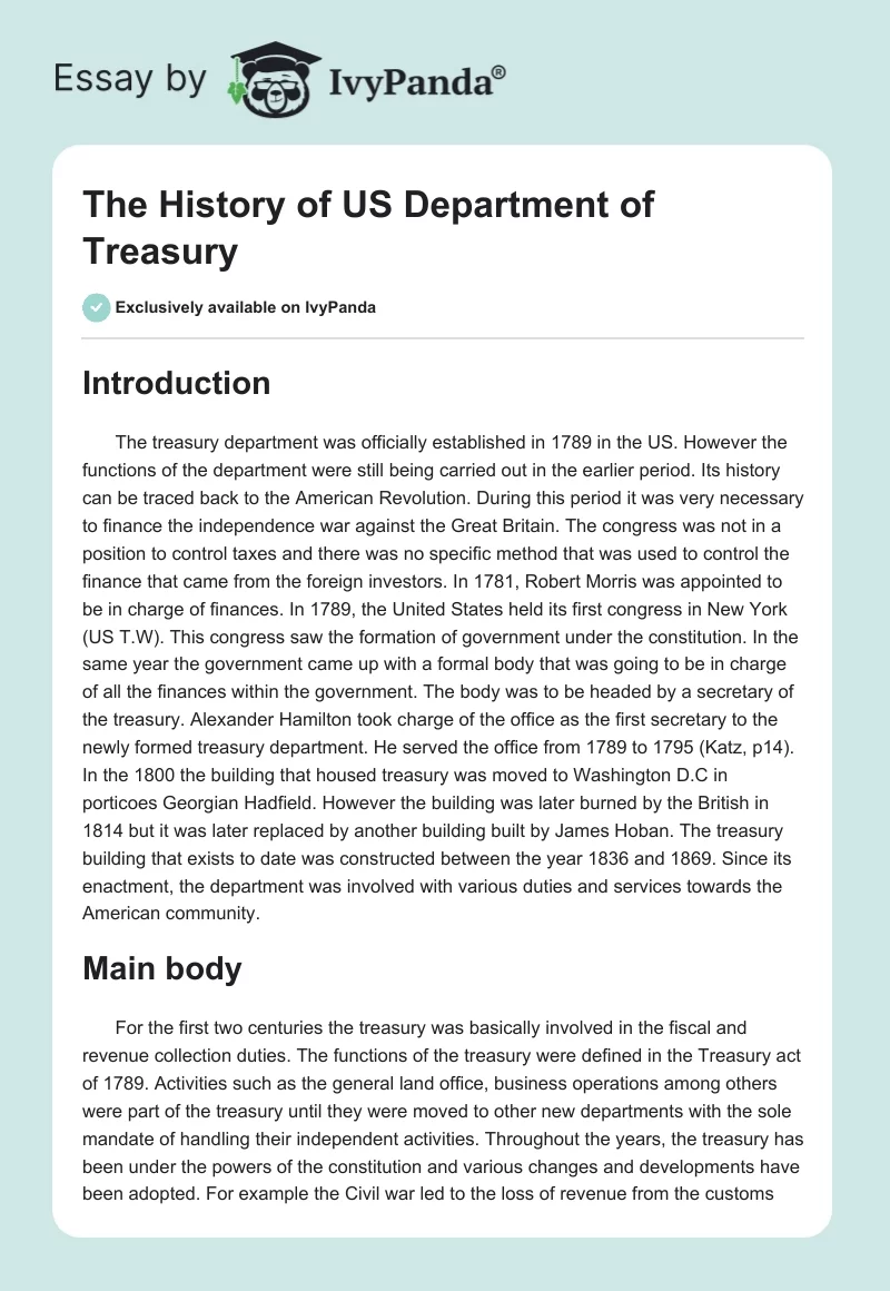 The History of US Department of Treasury. Page 1