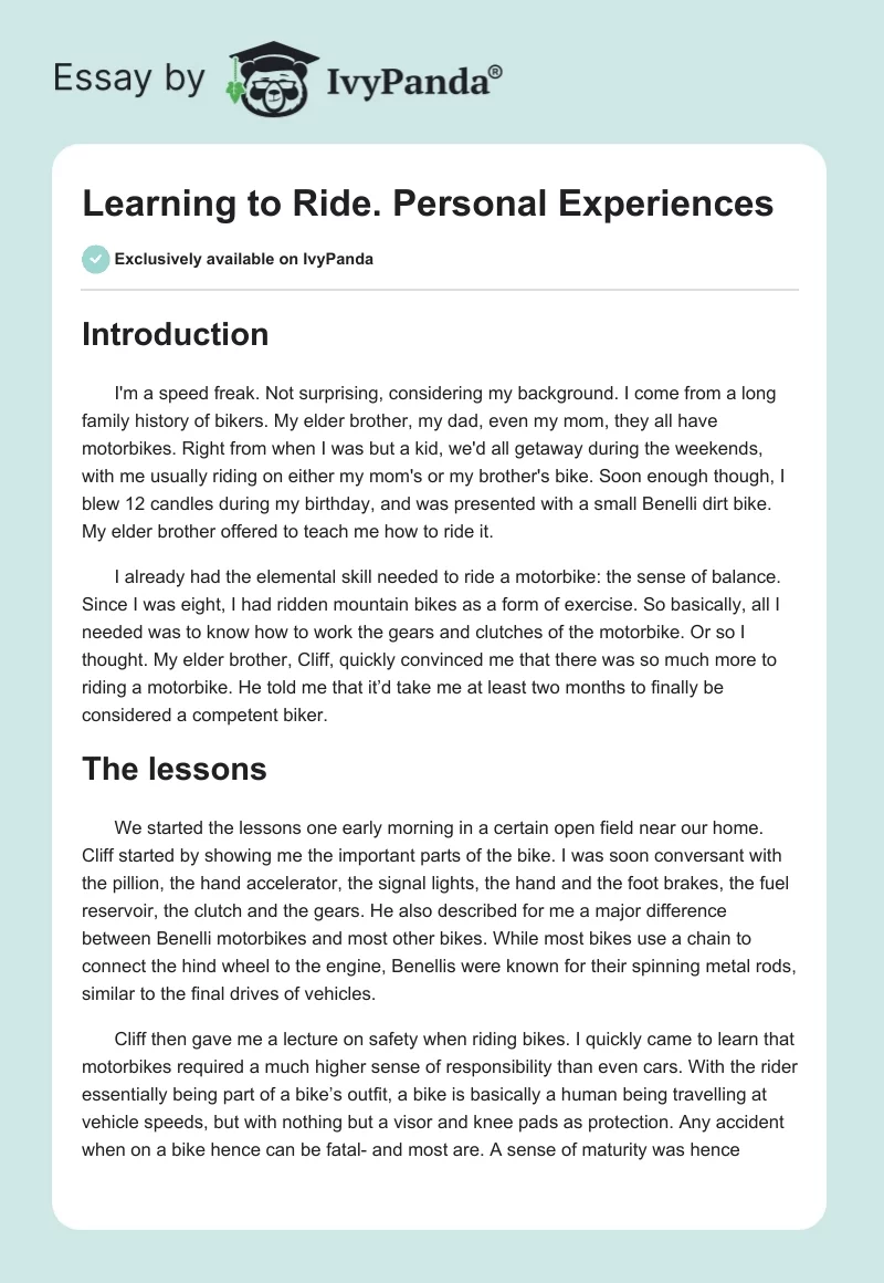 Learning to Ride. Personal Experiences. Page 1