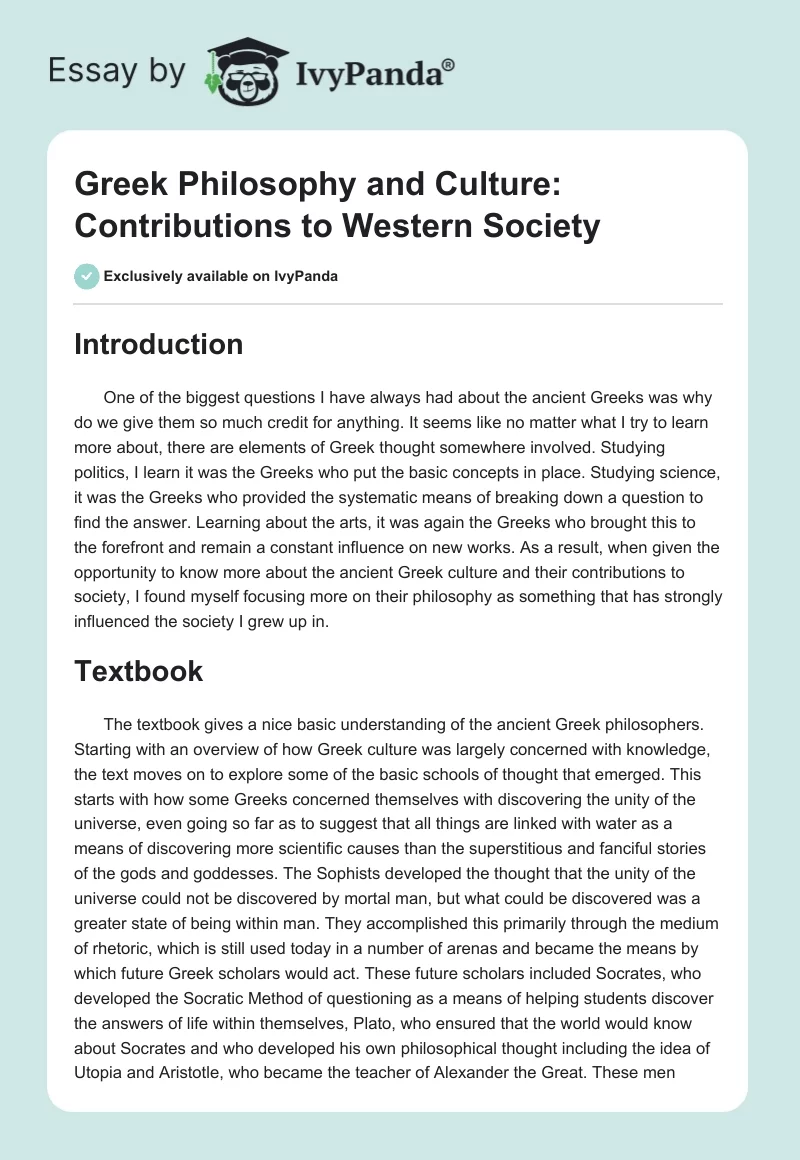 Greek Philosophy and Culture: Contributions to Western Society. Page 1