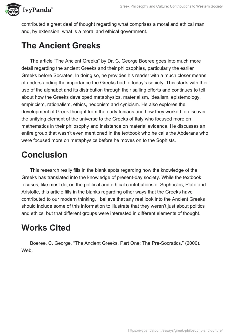 Greek Philosophy and Culture: Contributions to Western Society. Page 2