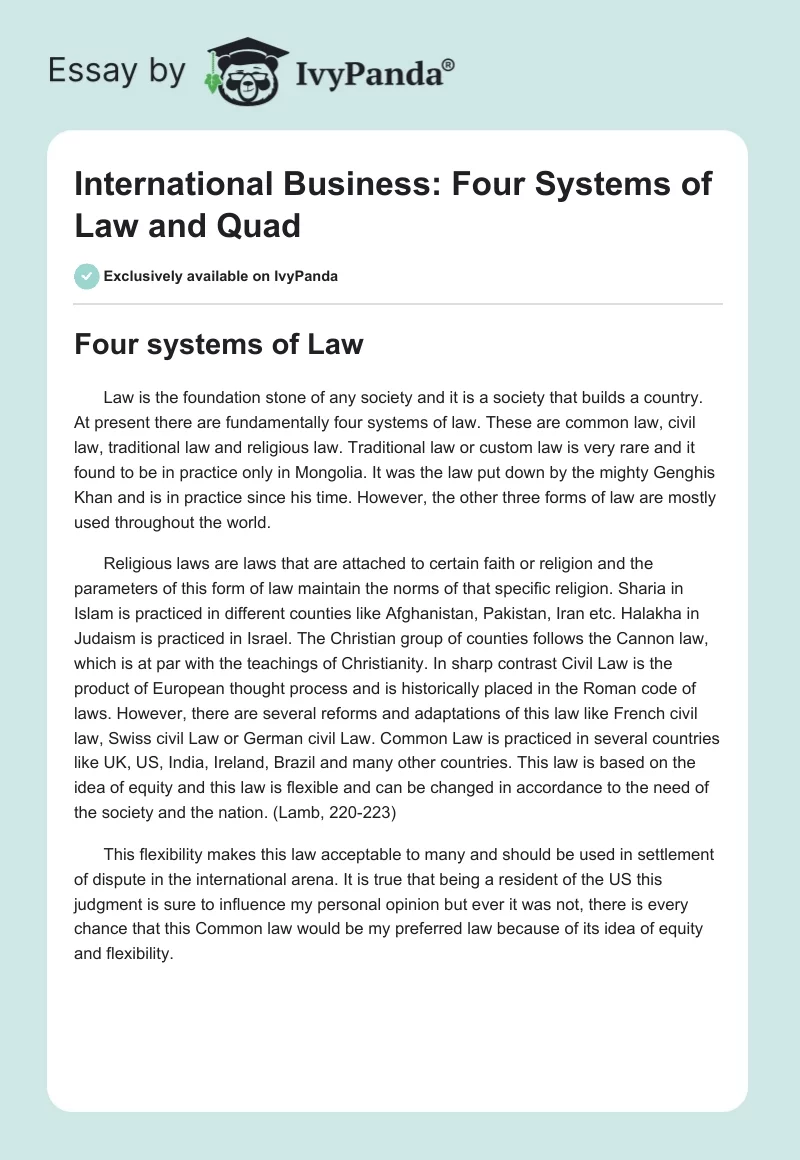 International Business: Four Systems of Law and Quad. Page 1