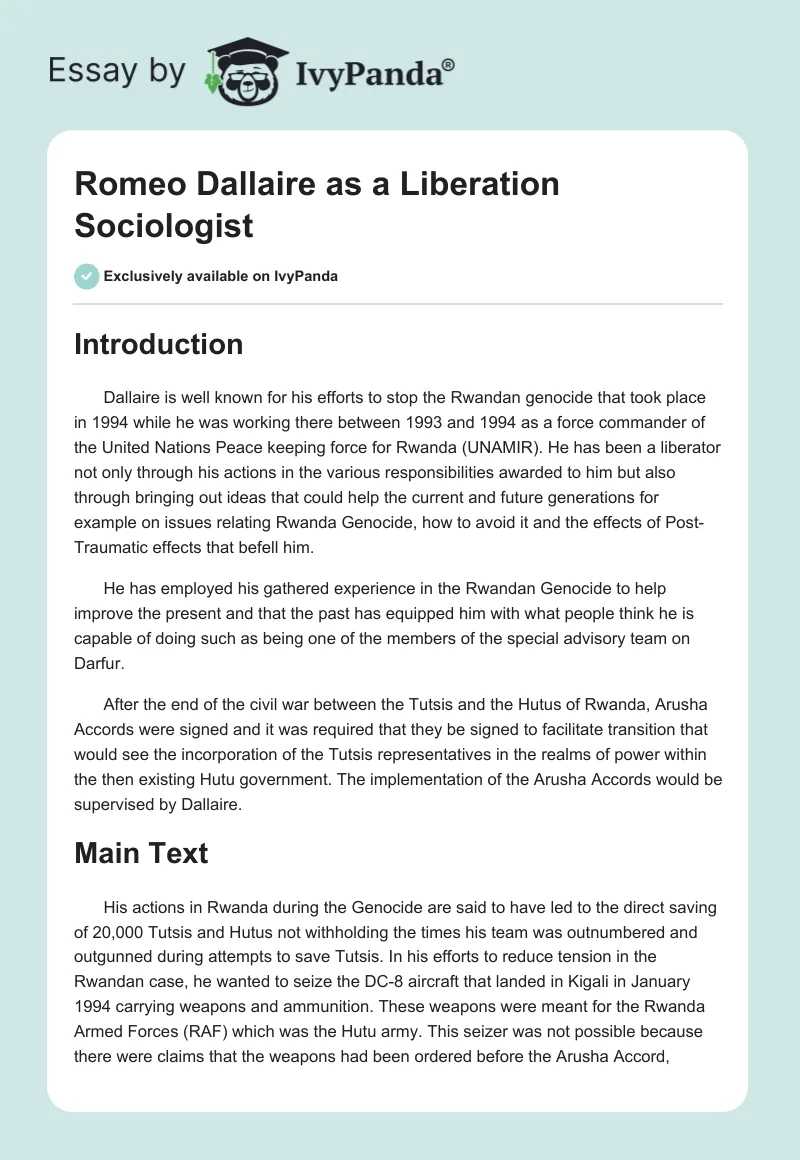 Romeo Dallaire as a Liberation Sociologist. Page 1