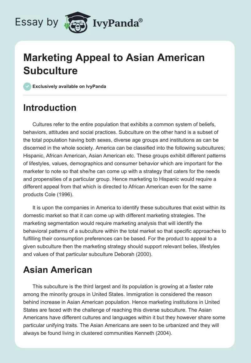 Marketing Appeal to Asian American Subculture. Page 1