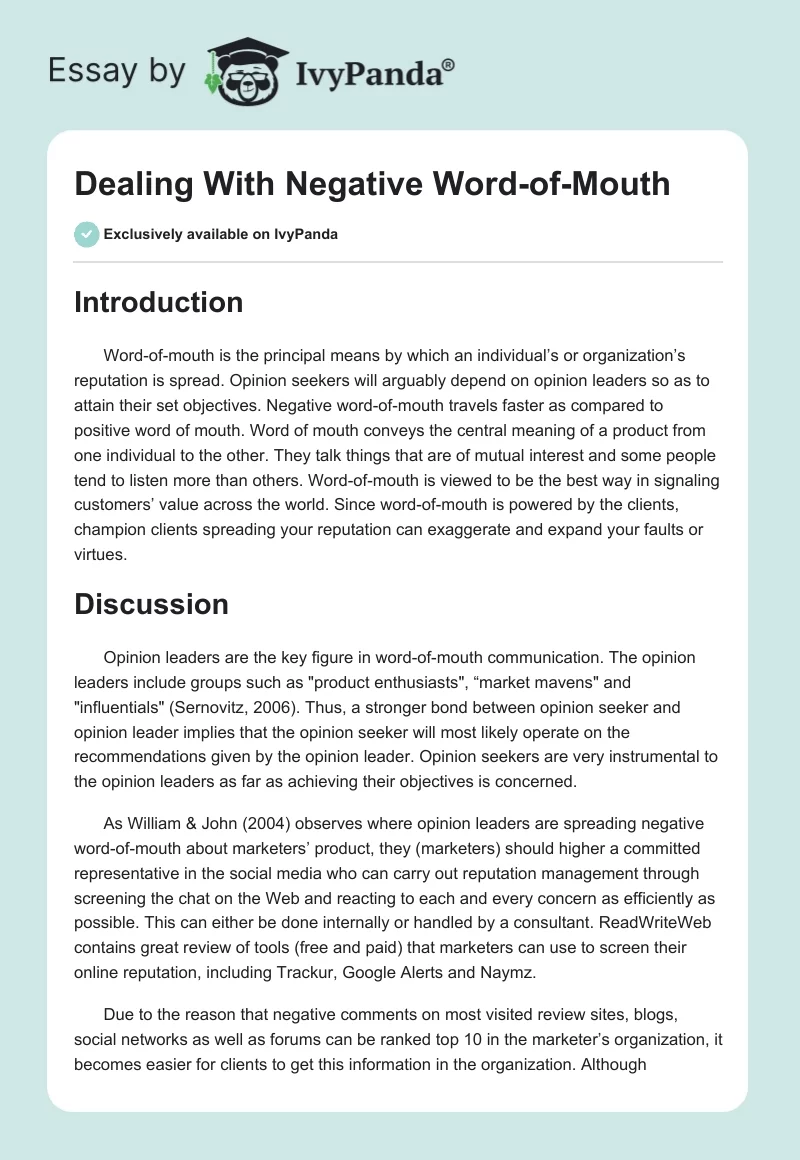 Dealing With Negative Word-of-Mouth. Page 1