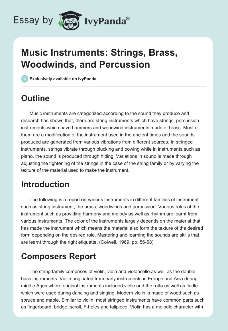 Music Instruments: Strings, Brass, Woodwinds, and Percussion. Page 1