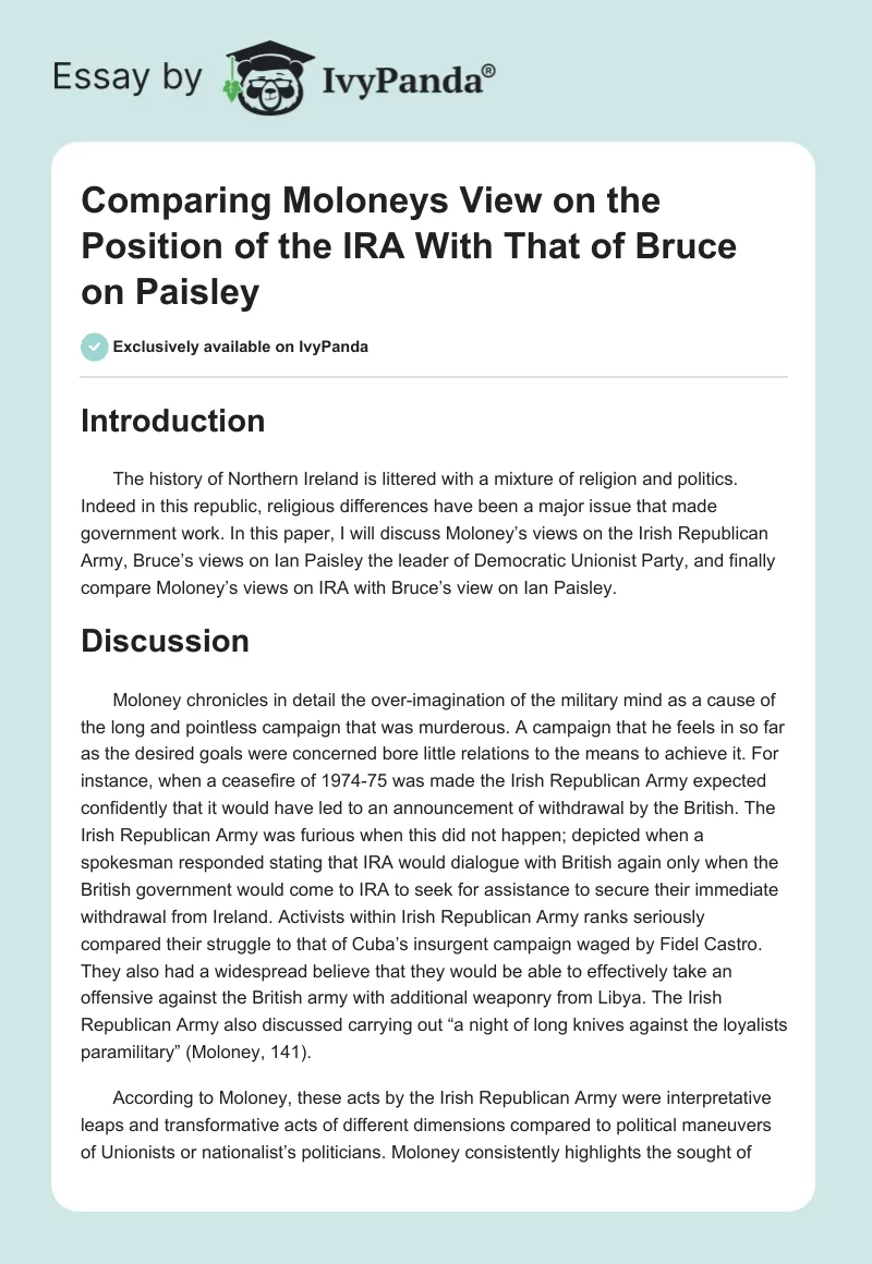 Comparing Moloneys View on the Position of the IRA With That of Bruce on Paisley. Page 1