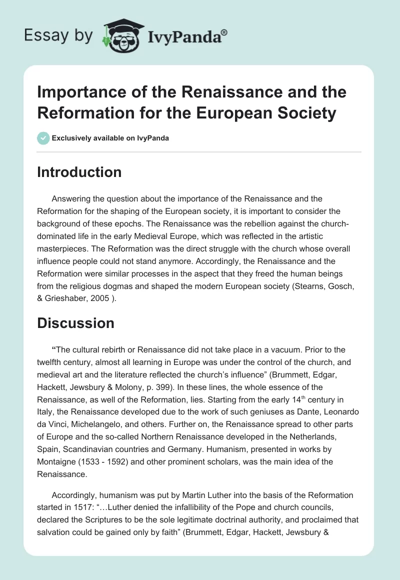 Importance of the Renaissance and the Reformation for the European Society. Page 1