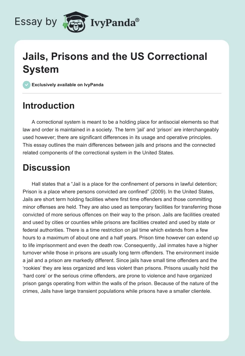 Jails, Prisons and the US Correctional System. Page 1