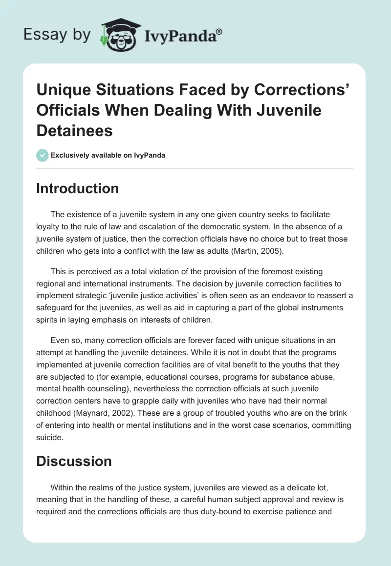 Unique Situations Faced by Corrections’ Officials When Dealing With Juvenile Detainees. Page 1