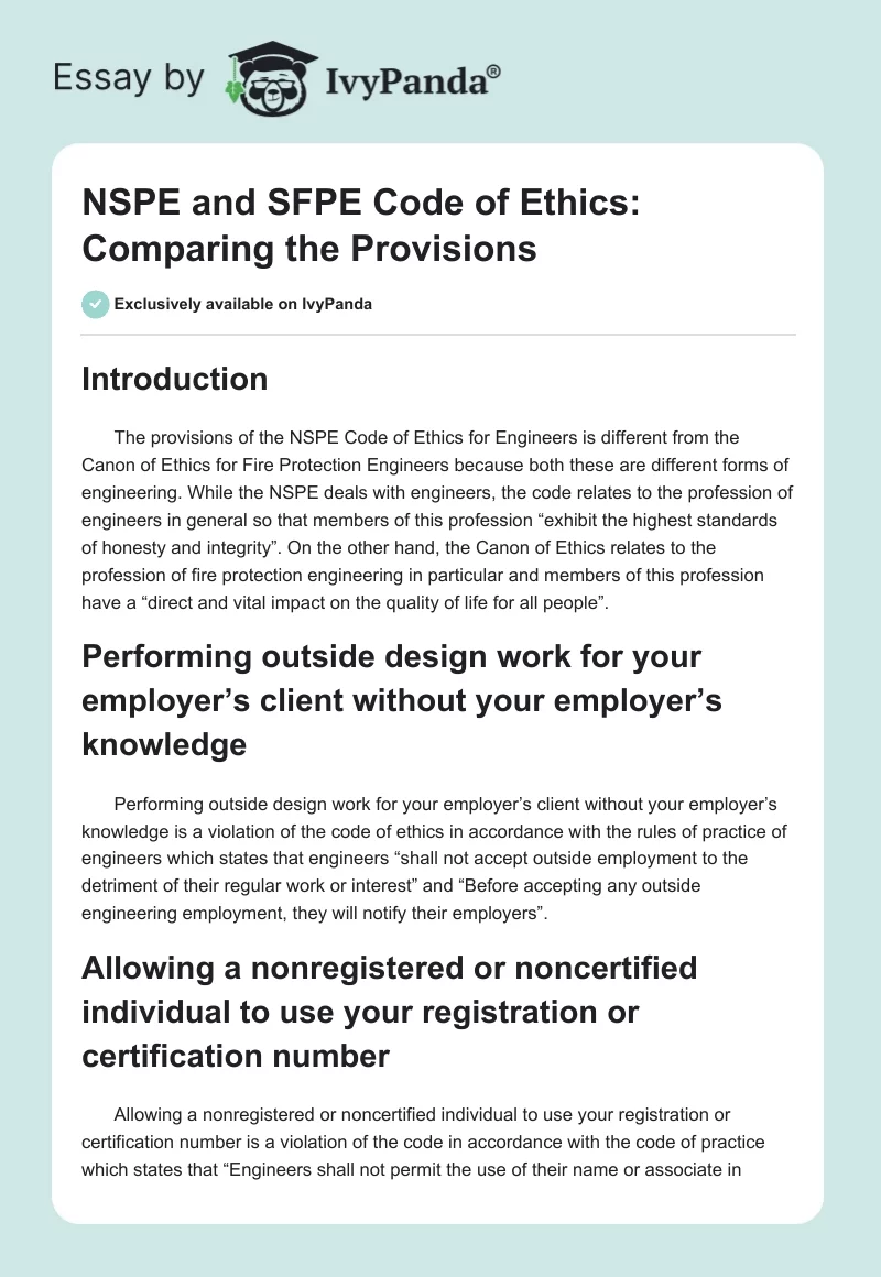 NSPE and SFPE Code of Ethics: Comparing the Provisions. Page 1