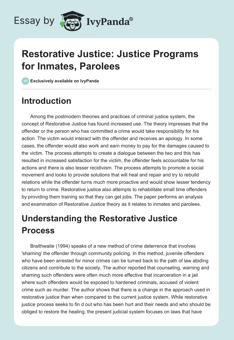 Restorative Justice: Justice Programs for Inmates, Parolees. Page 1