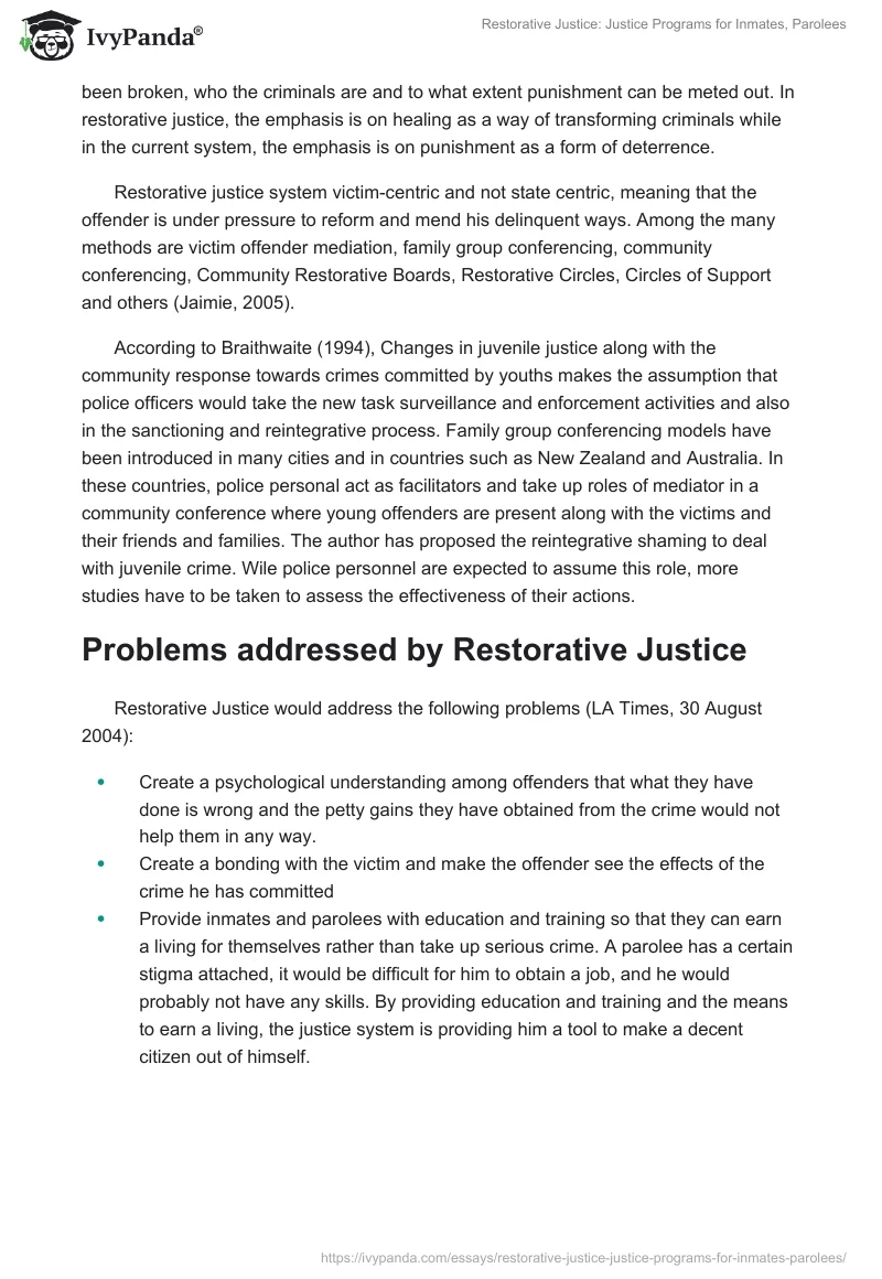 Restorative Justice: Justice Programs for Inmates, Parolees. Page 2