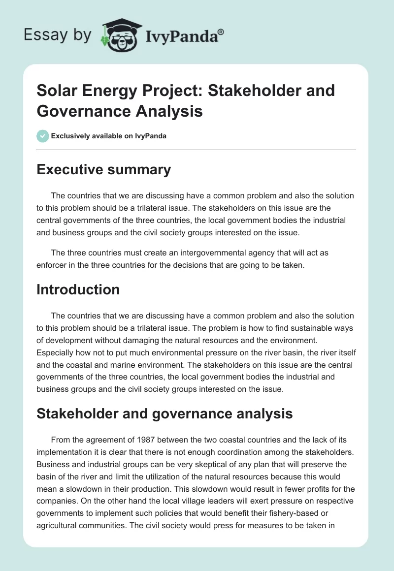 Solar Energy Project: Stakeholder and Governance Analysis. Page 1