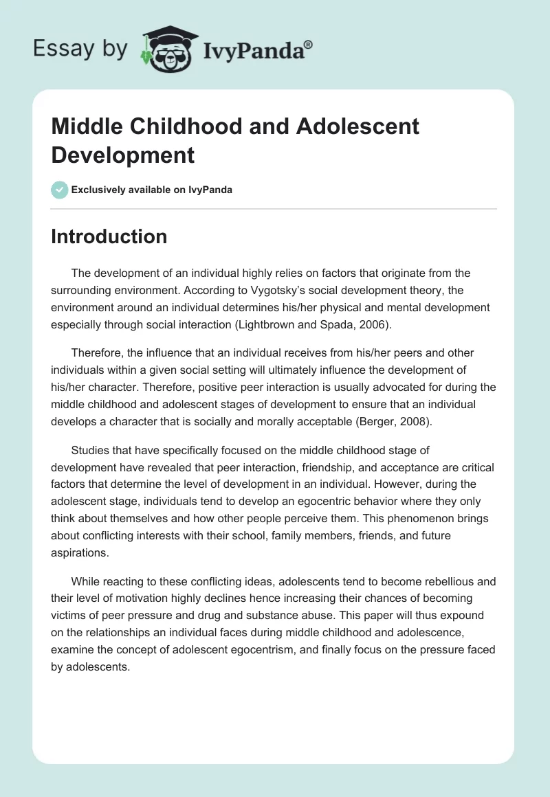 Middle Childhood and Adolescent Development. Page 1