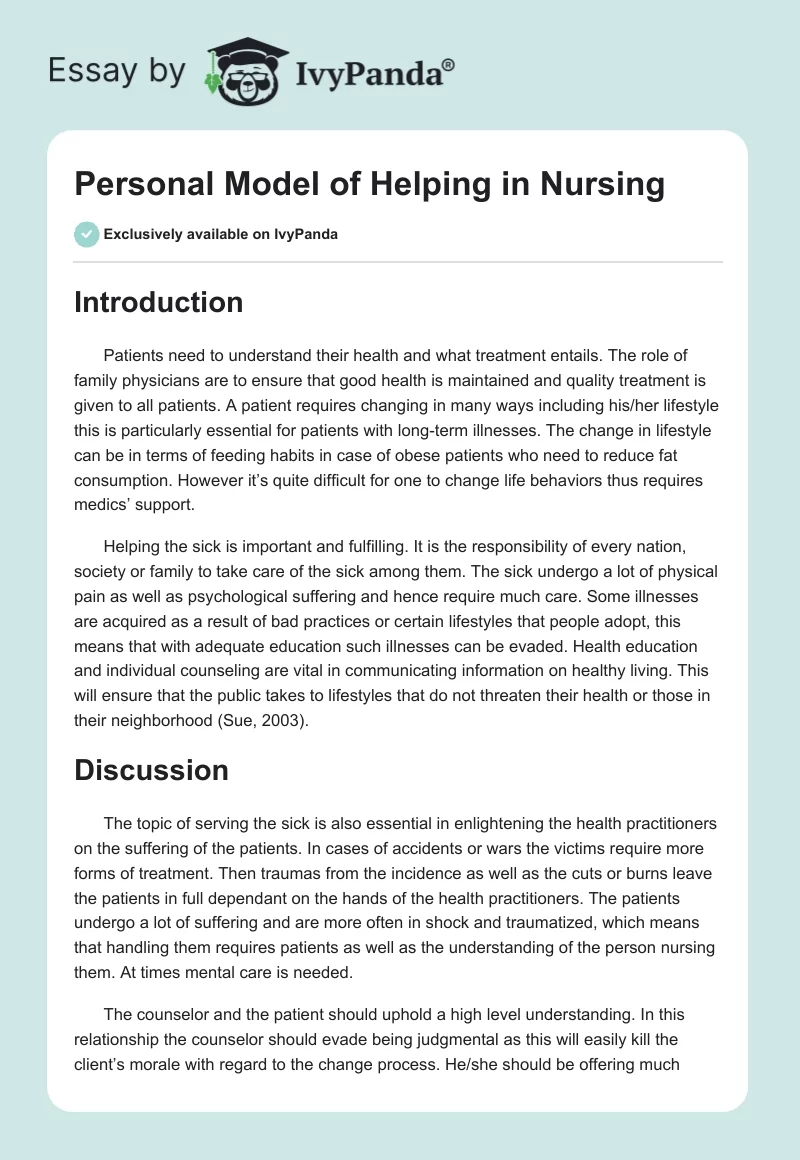 Personal Model of Helping in Nursing. Page 1