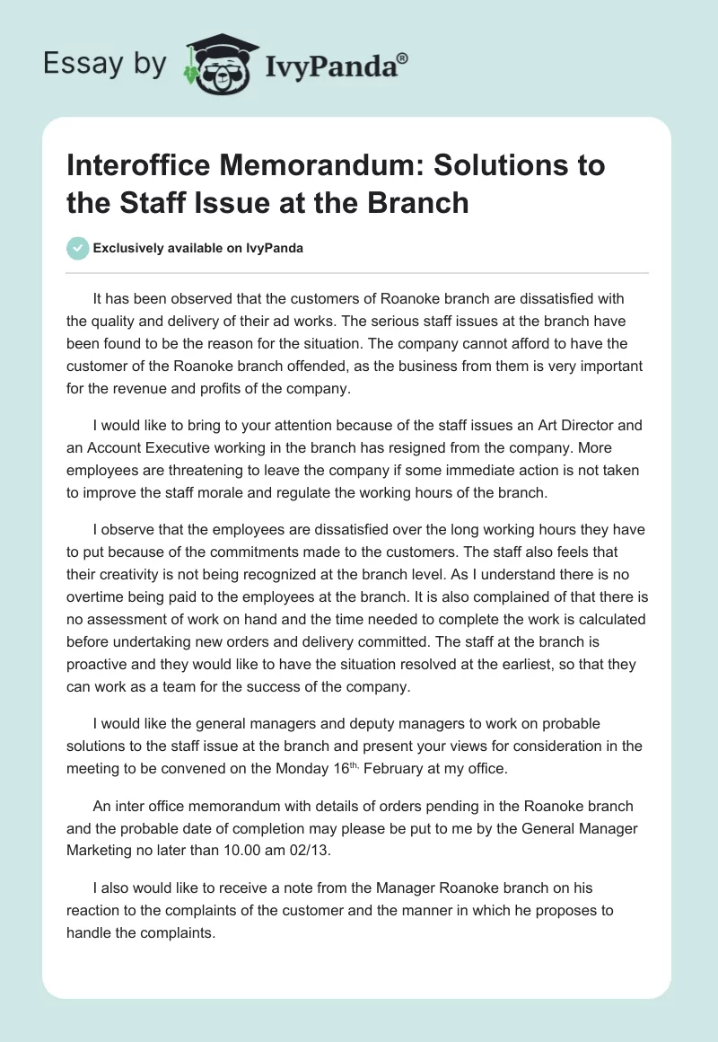 Interoffice Memorandum: Solutions to the Staff Issue at the Branch. Page 1