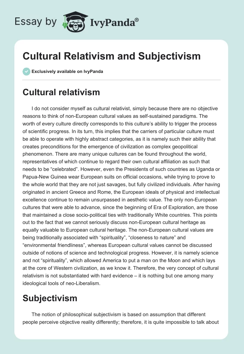 Cultural Relativism and Subjectivism. Page 1