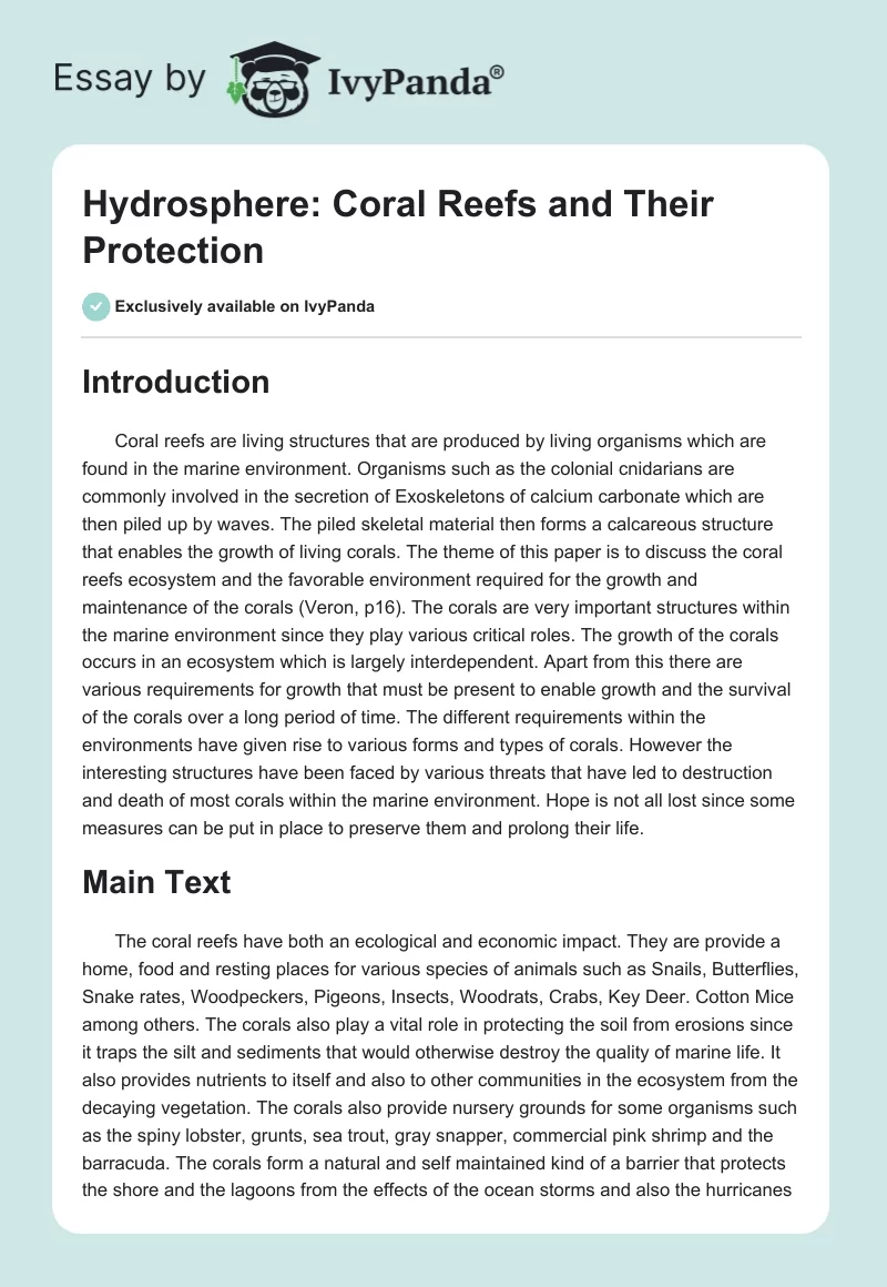 Hydrosphere: Coral Reefs and Their Protection. Page 1