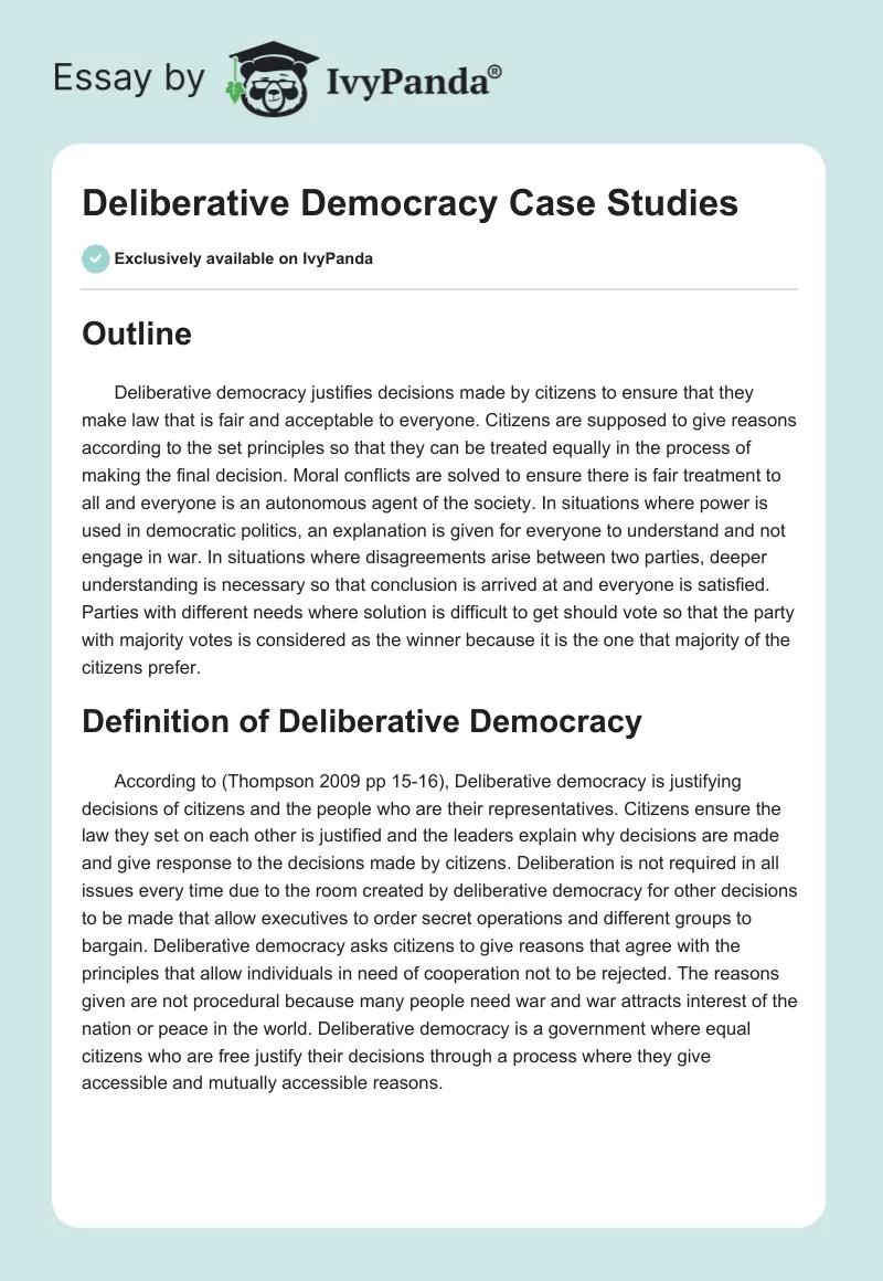 Deliberative Democracy Case Studies. Page 1