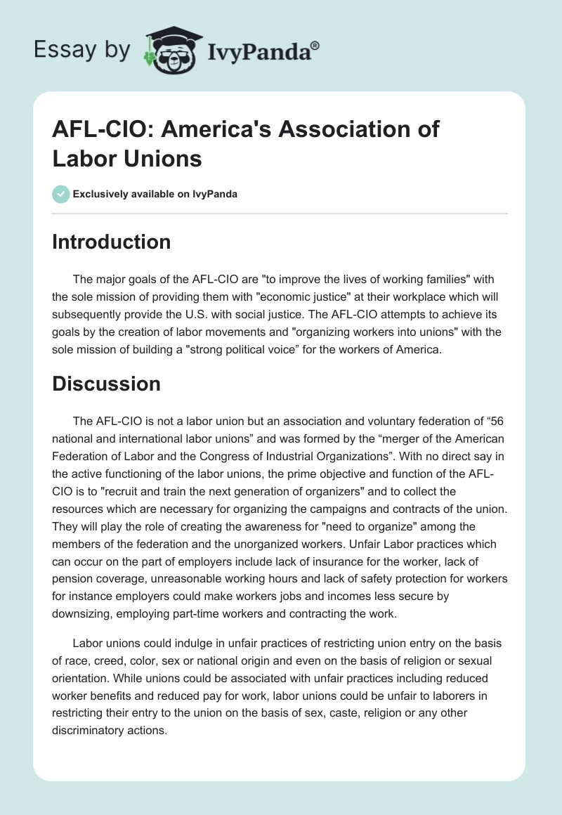 AFL-CIO: America's Association of Labor Unions. Page 1
