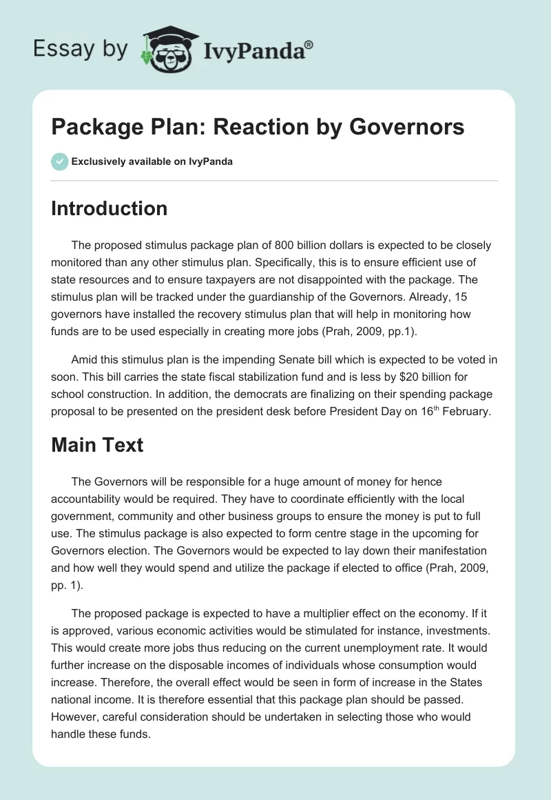 Package Plan: Reaction by Governors. Page 1