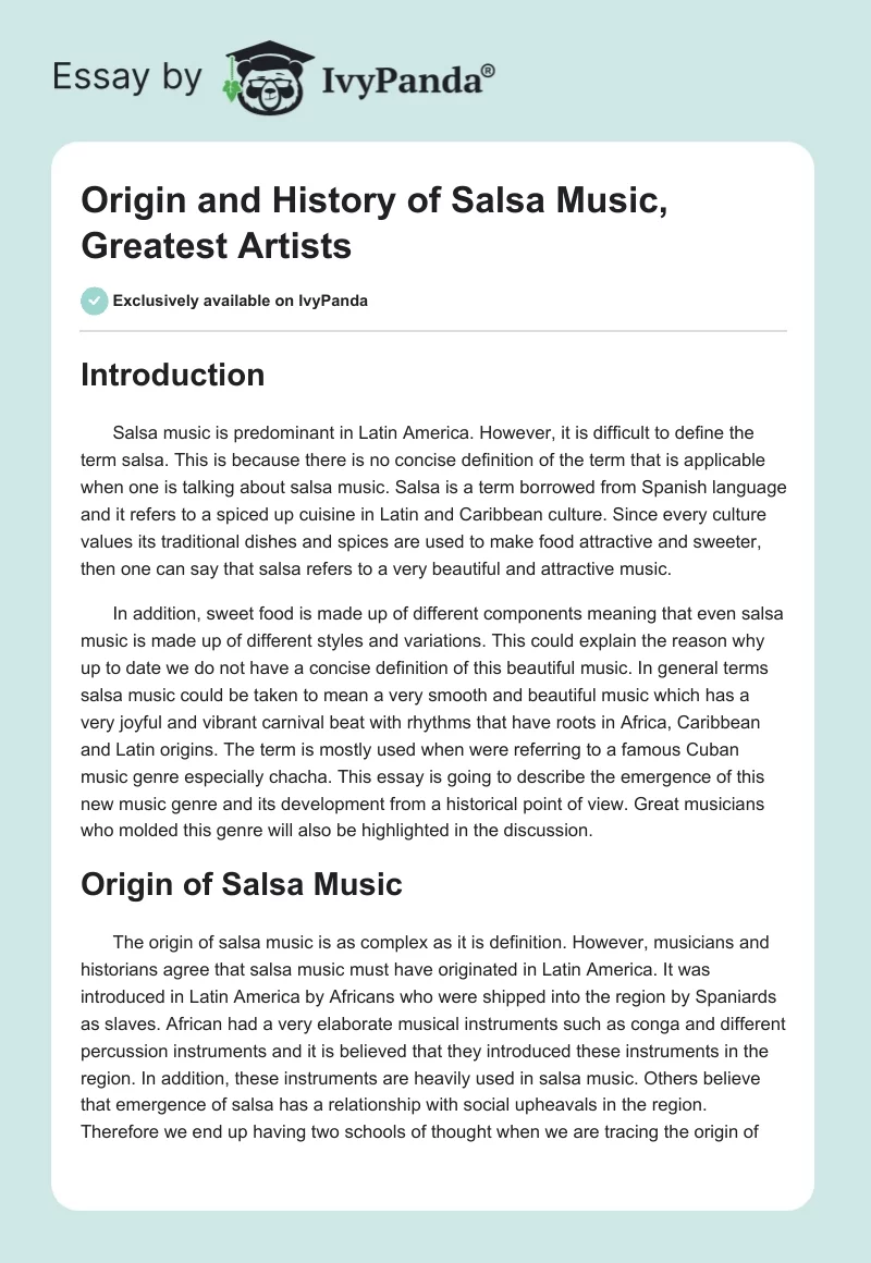 Origin and History of Salsa Music, Greatest Artists. Page 1