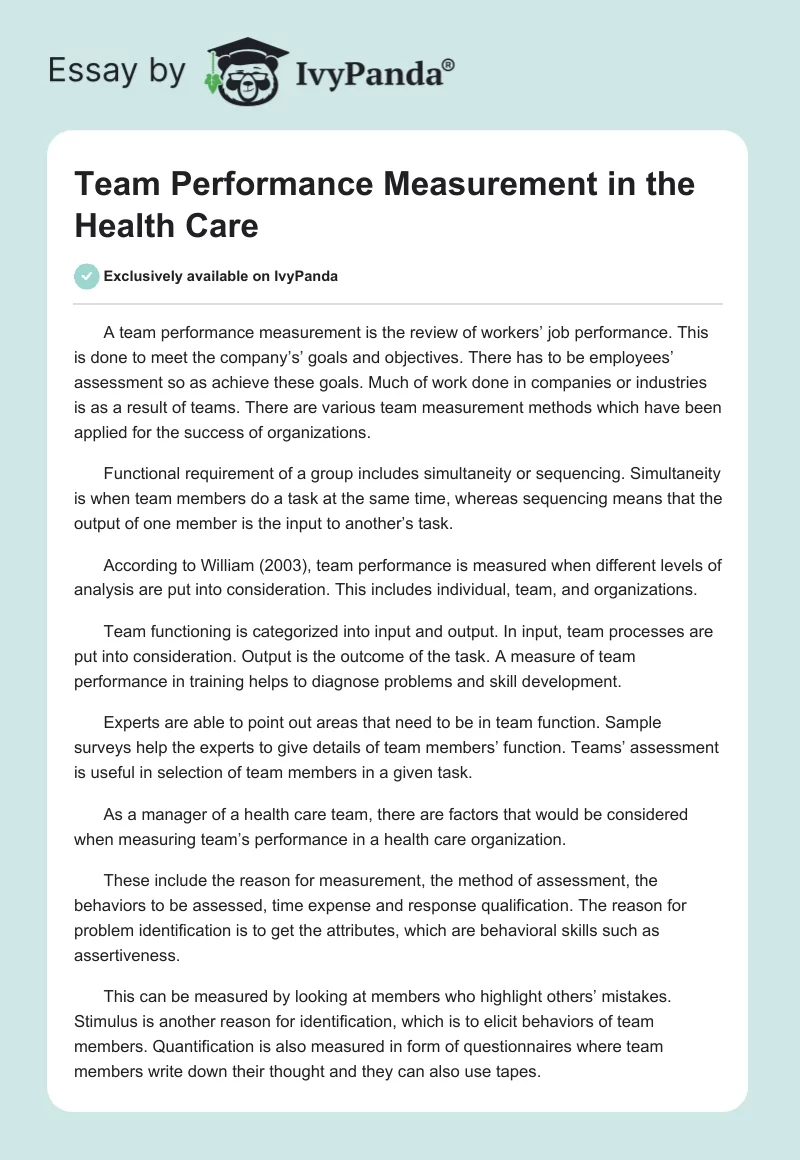 Team Performance Measurement in the Health Care. Page 1