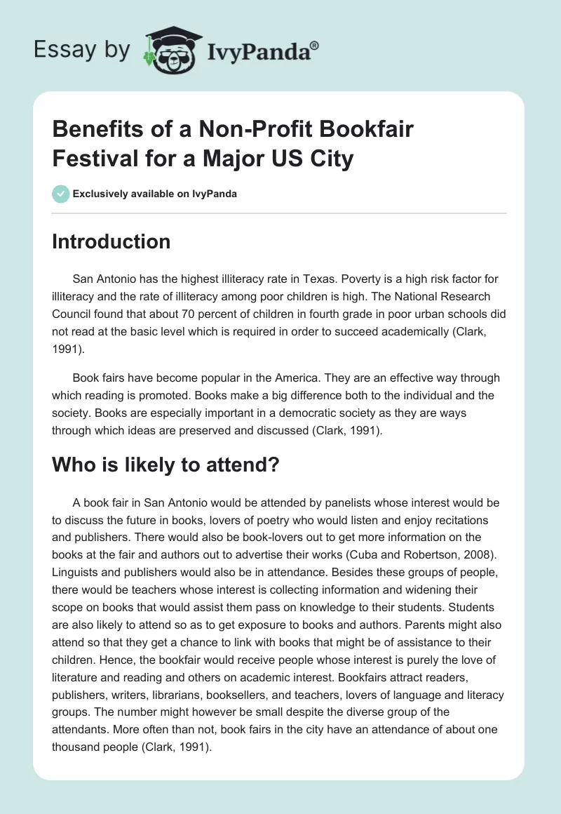 Benefits of a Non-Profit Bookfair Festival for a Major US City. Page 1
