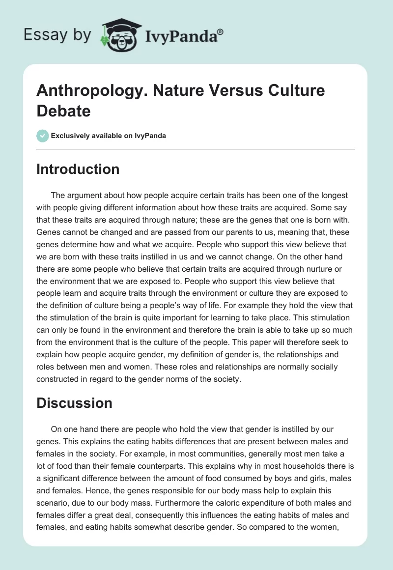 Anthropology. Nature Versus Culture Debate. Page 1
