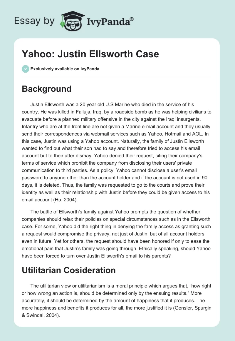 Yahoo: Justin Ellsworth Case. Page 1