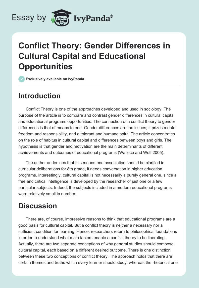 Conflict Theory: Gender Differences in Cultural Capital and Educational  Opportunities. Page 1