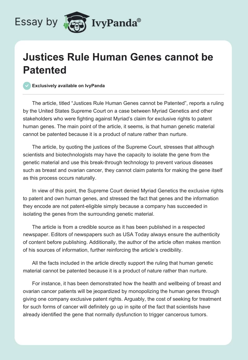 Justices Rule Human Genes cannot be Patented. Page 1