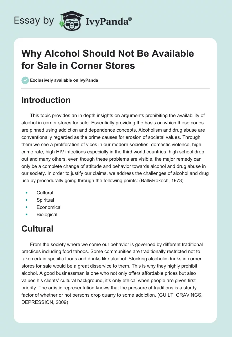 Why Alcohol Should Not Be Available for Sale in Corner Stores. Page 1