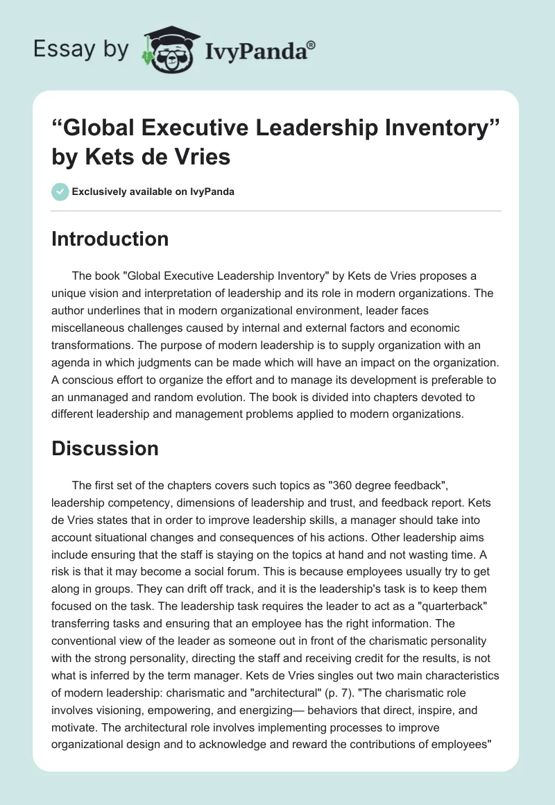 “Global Executive Leadership Inventory” by Kets de Vries. Page 1