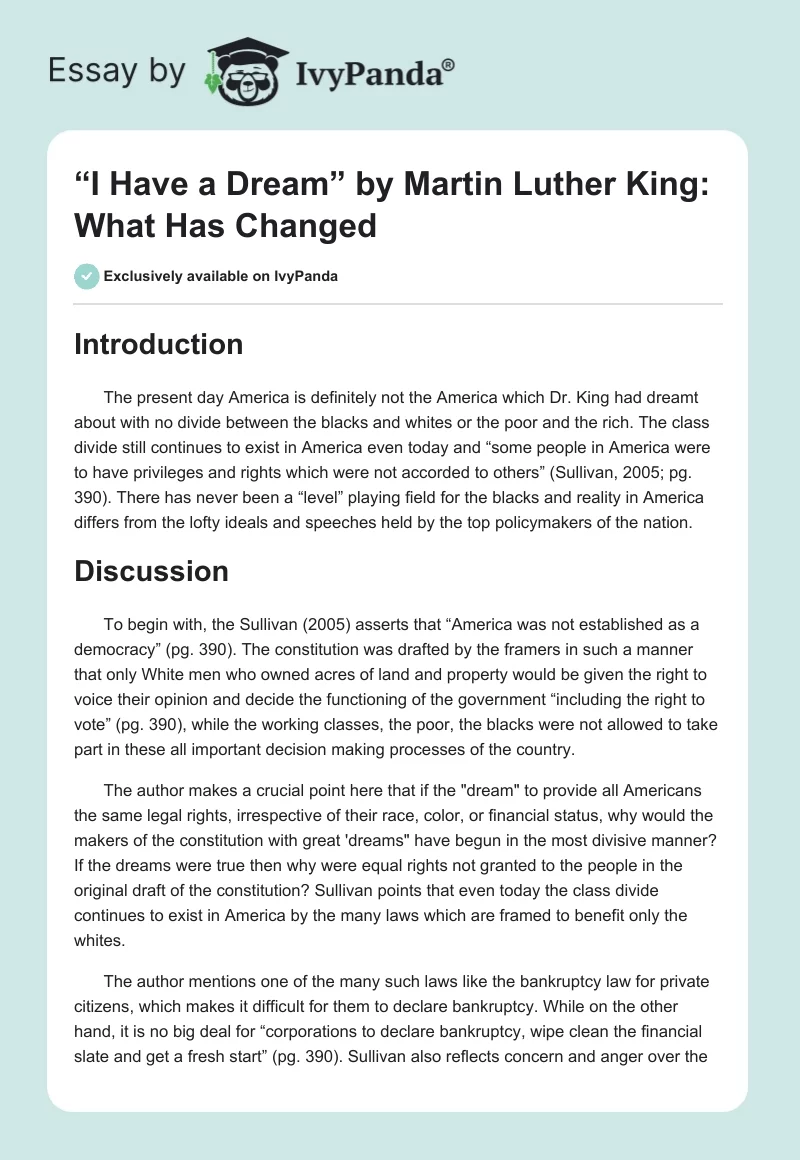 “I Have a Dream” by Martin Luther King: What Has Changed. Page 1