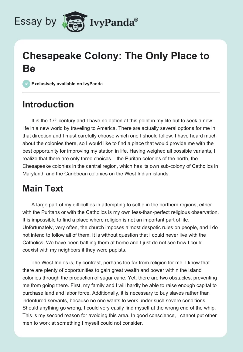 Chesapeake Colony: The Only Place to Be. Page 1