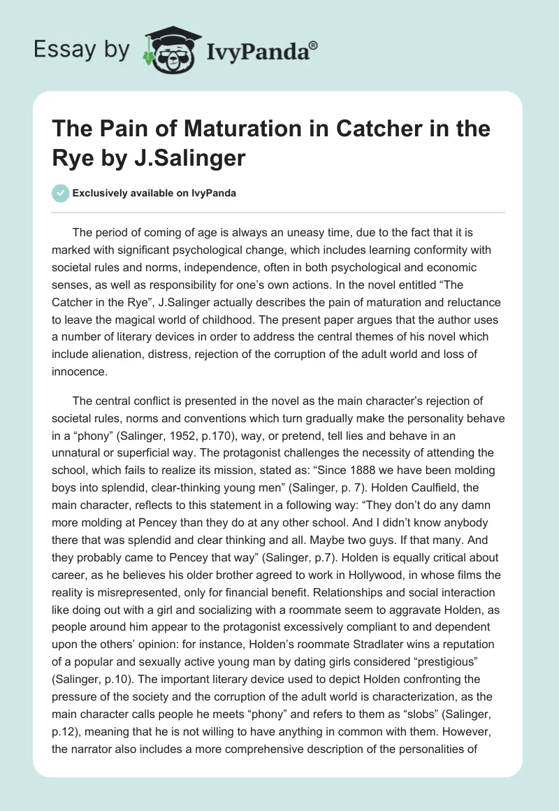 The Pain of Maturation in "The Catcher in the Rye" by J.Salinger. Page 1