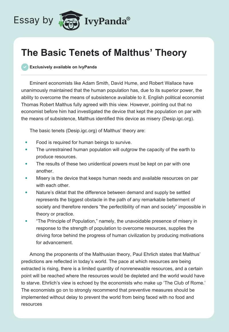 The Basic Tenets of Malthus’ Theory. Page 1