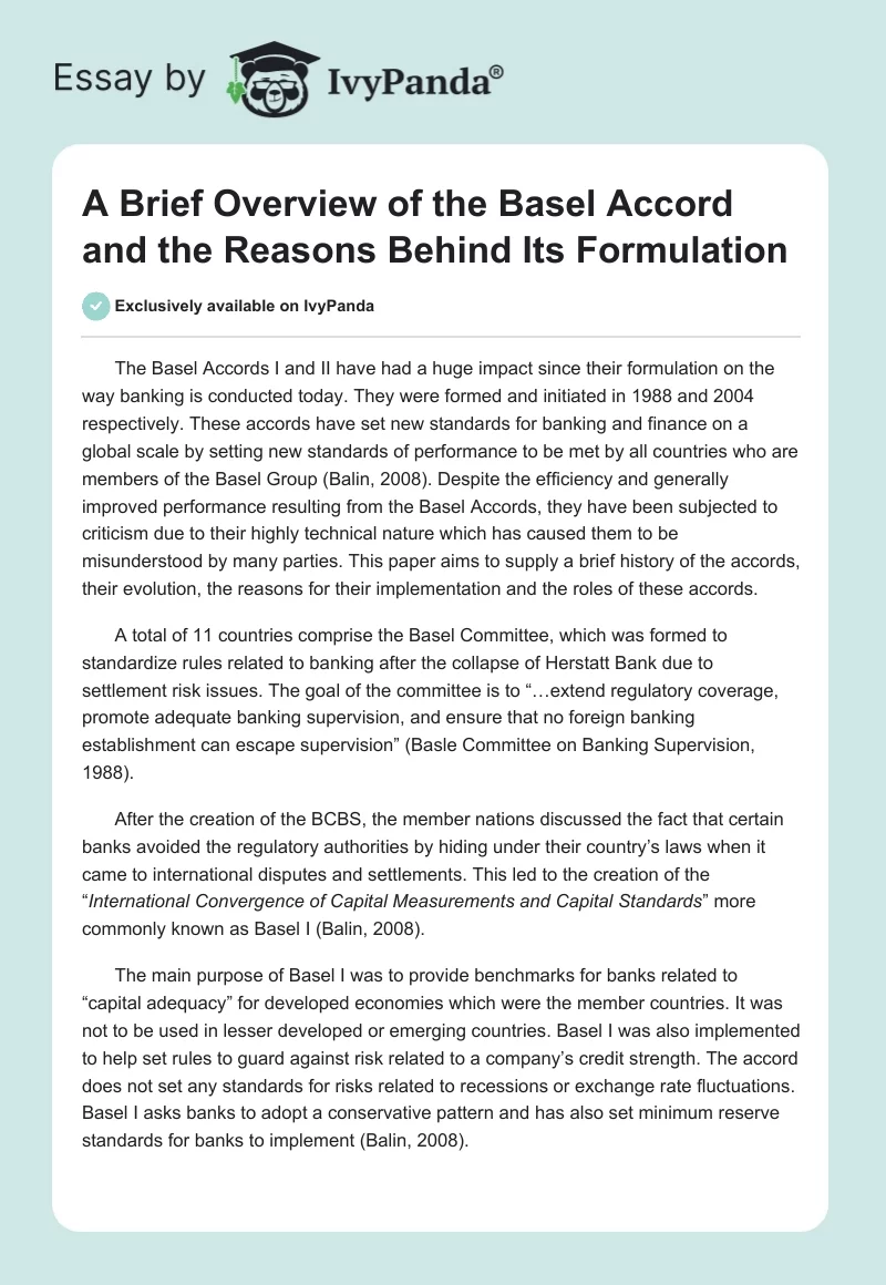 A Brief Overview of the Basel Accord and the Reasons Behind Its Formulation. Page 1