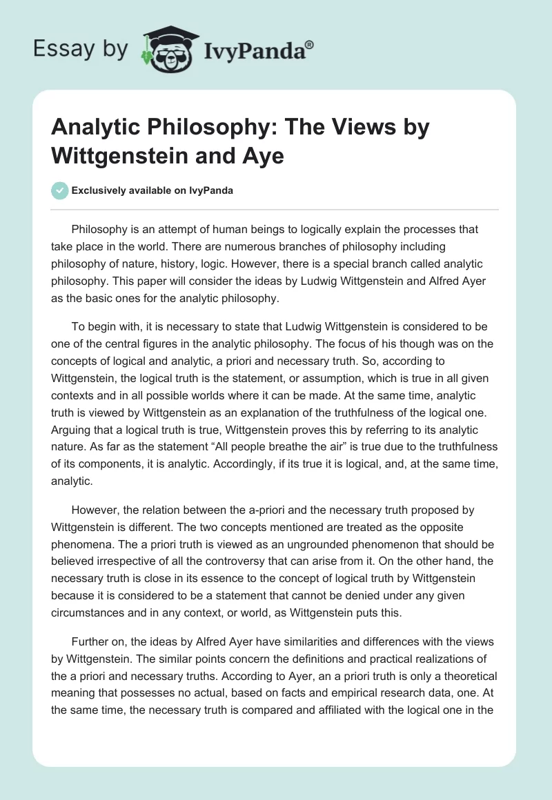 Analytic Philosophy: The Views by Wittgenstein and Aye. Page 1