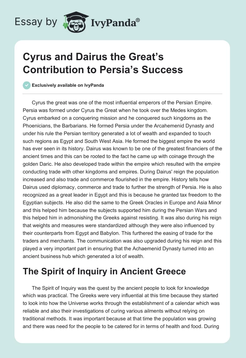 Cyrus and Dairus the Great’s Contribution to Persia’s Success. Page 1