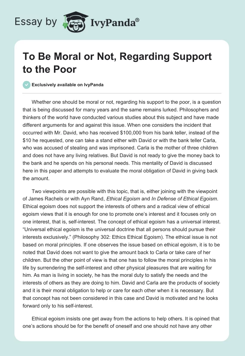 To Be Moral or Not, Regarding Support to the Poor. Page 1
